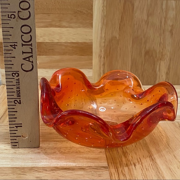 Murano Style Art Glass Controlled Bubble Bullicante Orange Ruffled Candy Dish - Picture 8 of 13
